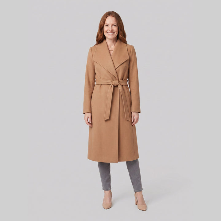 Isabelle camel belted long wrap coat front on model