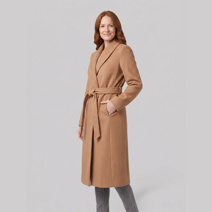 Isabelle camel wrap coat three quarter view on model