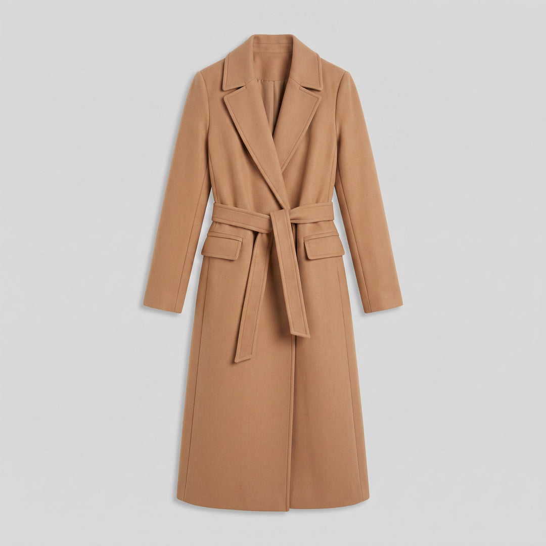 Isabelle camel wrap coat product flat lay
