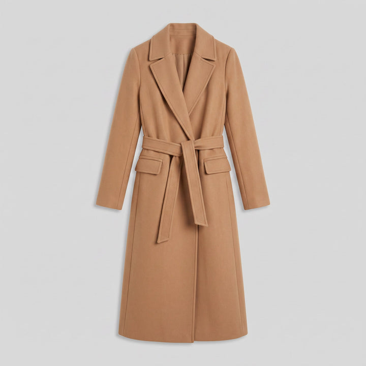 Isabelle camel wrap coat product flat lay