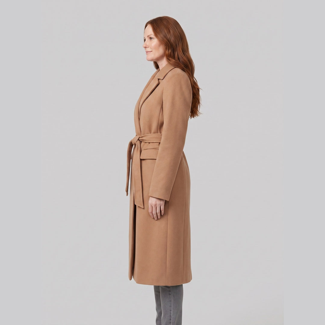 Isabelle camel wrap coat side view