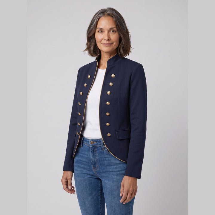 Isabelle navy blue military jacket with gold buttons on model