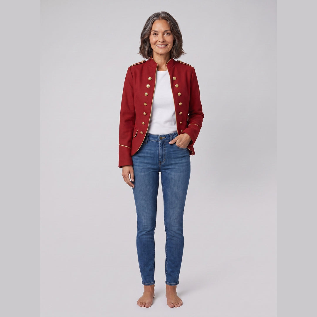 Isabelle red military jacket with gold buttons on model