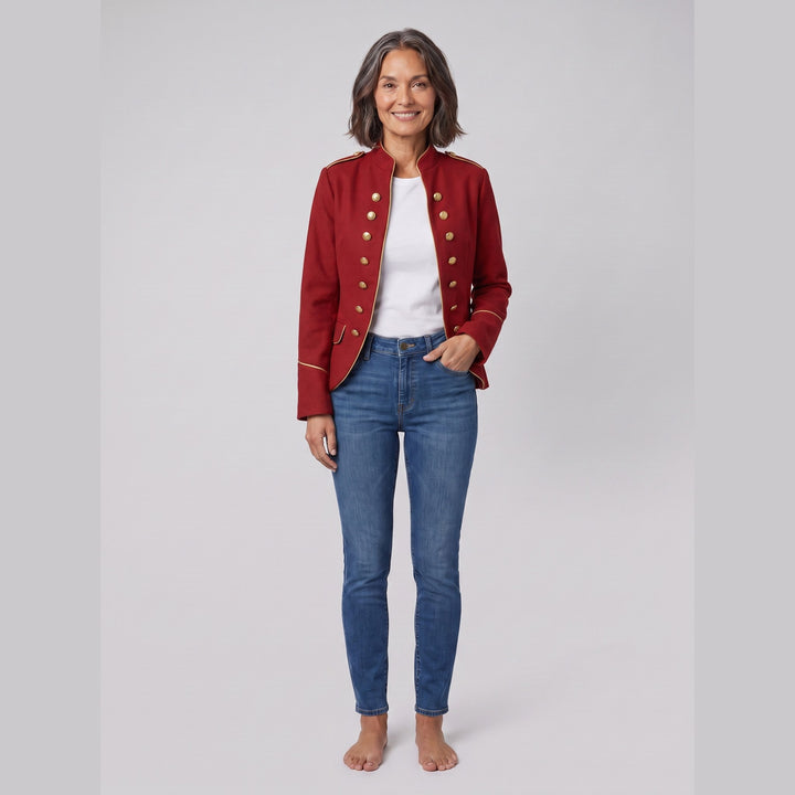 Isabelle red military jacket with gold buttons on model