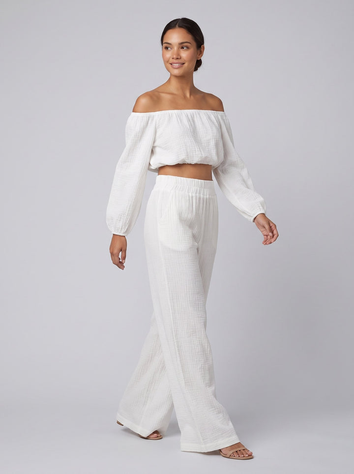 Isla Coastal Set in white - off-shoulder muslin crop top and wide-leg pants, front view