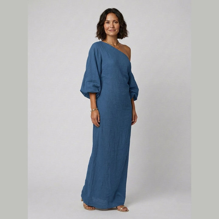 Ivory Elegance one-shoulder linen dress Blue on model