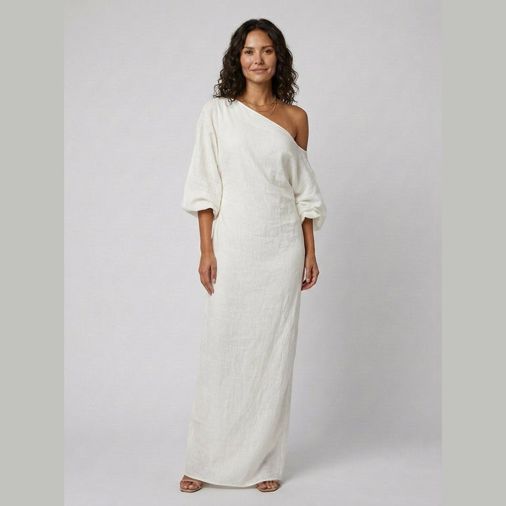 Ivory Elegance one-shoulder linen dress Ivory White on model