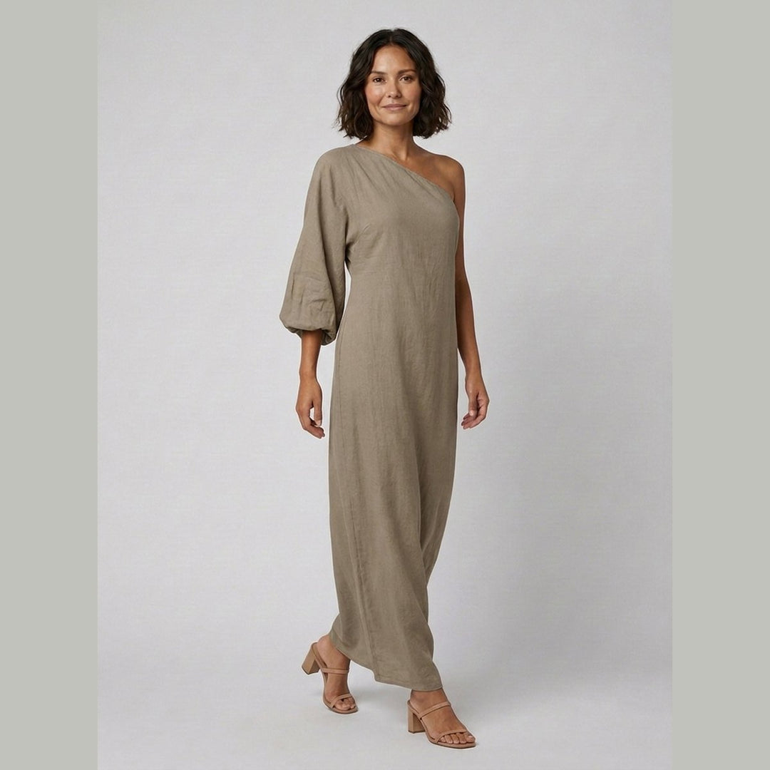 Ivory Elegance one-shoulder linen dress Khaki on model