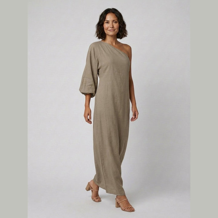 Ivory Elegance one-shoulder linen dress Khaki on model