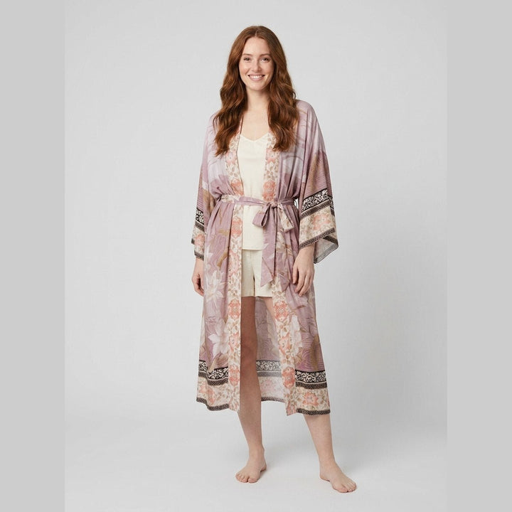 Ivy Beach Kimono pink floral on model