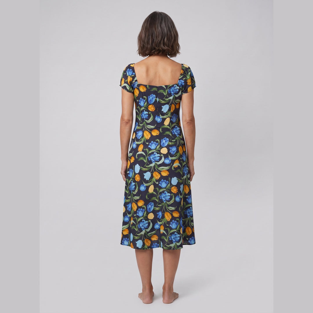 Ivy navy tulip midi dress back view