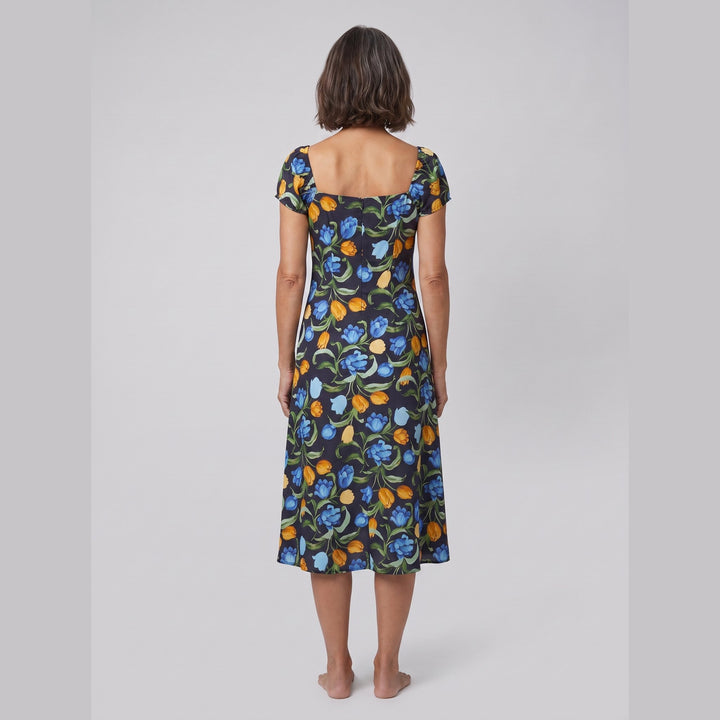 Ivy navy tulip midi dress back view