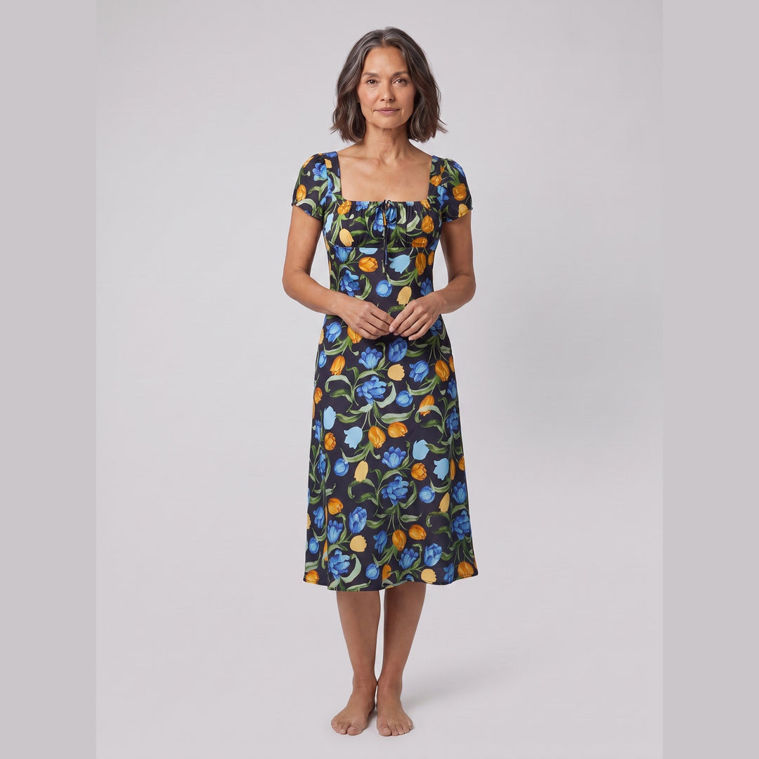 Ivy navy tulip floral square-neck midi dress front