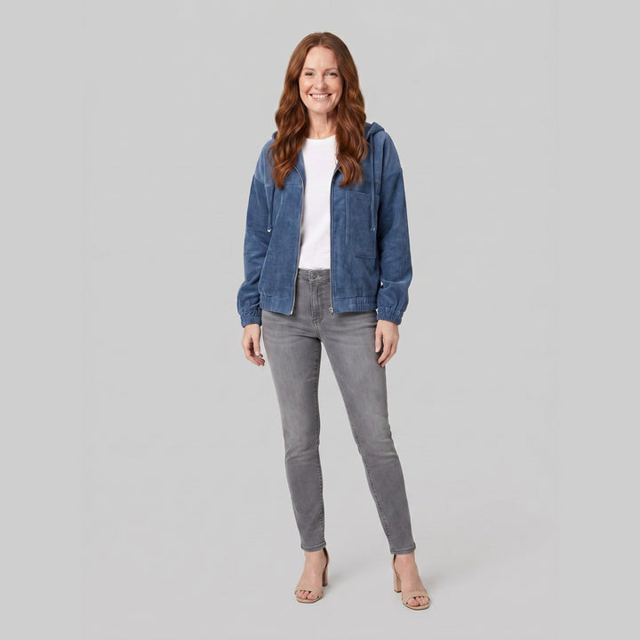 Ivy corduroy hooded zip jacket in blue, front view