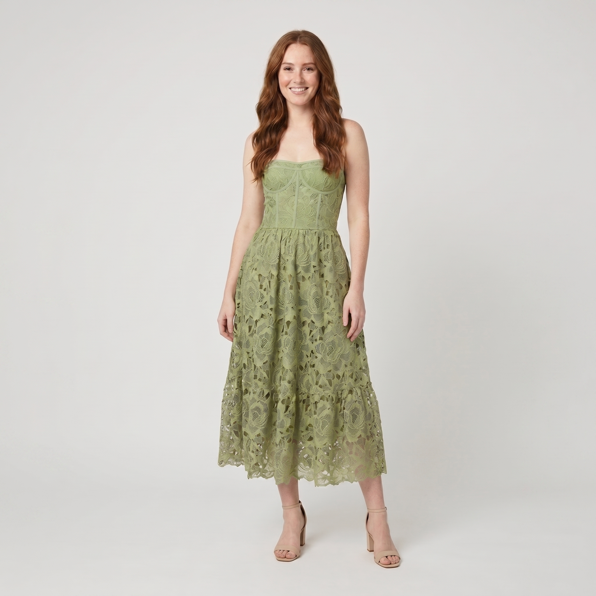 Ivy green floral lace corset midi dress on model