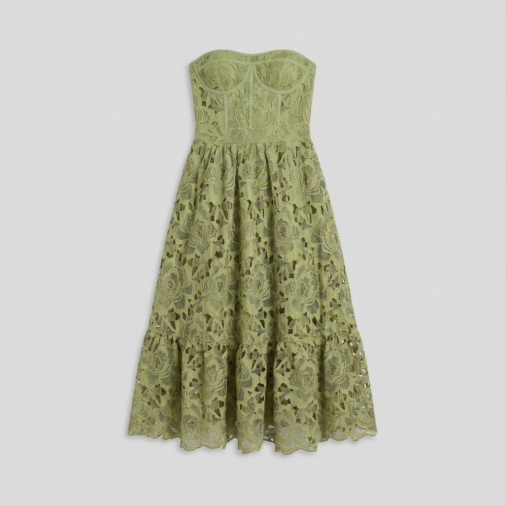 Ivy green floral lace corset midi dress product flat-lay