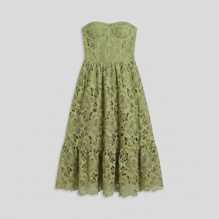 Ivy green floral lace corset midi dress product flat-lay