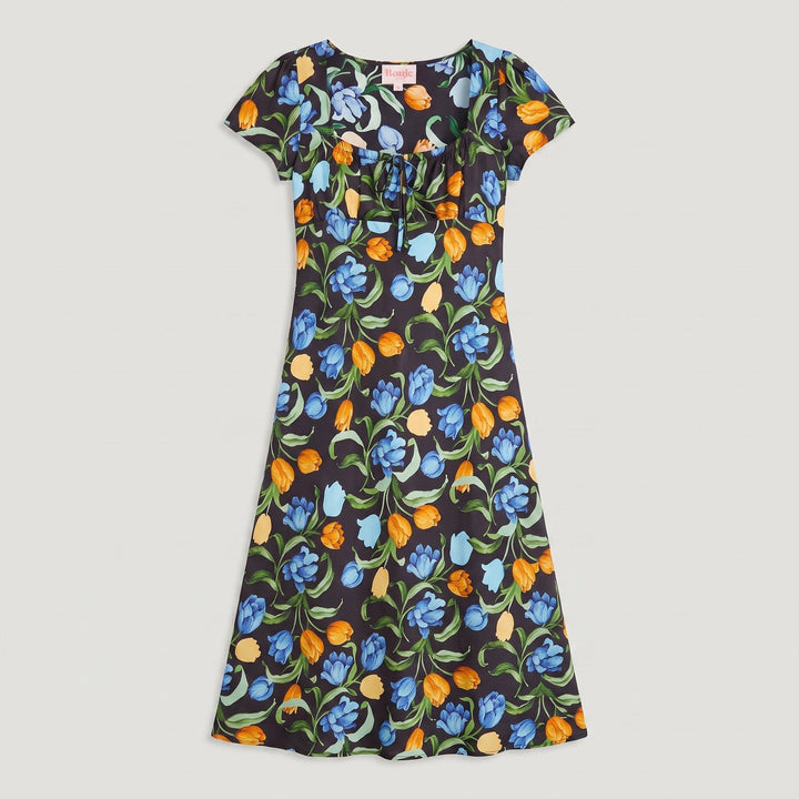 Ivy floral midi dress with square neckline and drawstring, flat lay