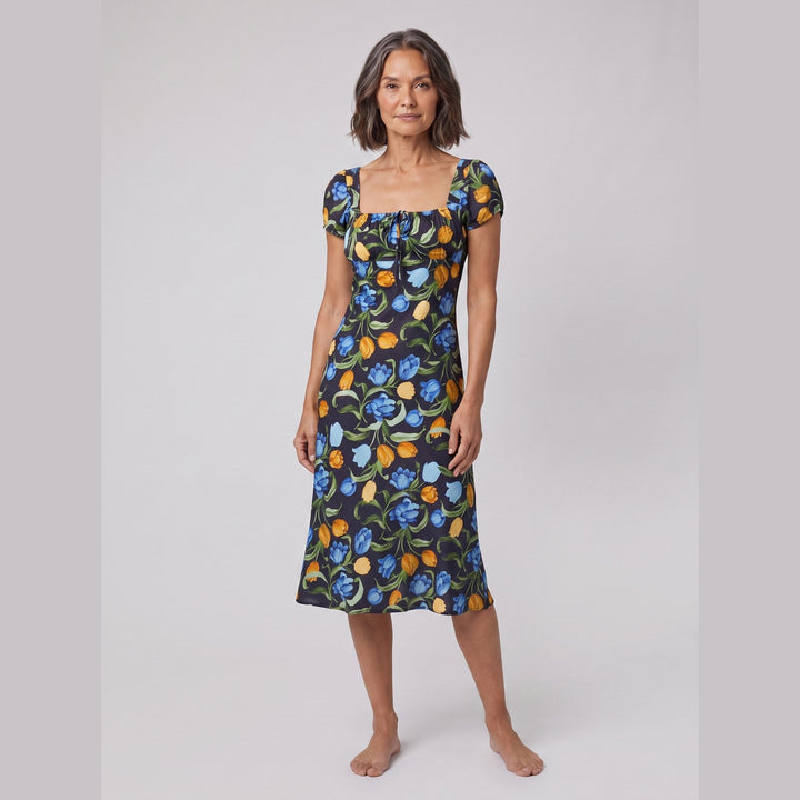 Ivy floral midi dress with square neckline, second front pose on model