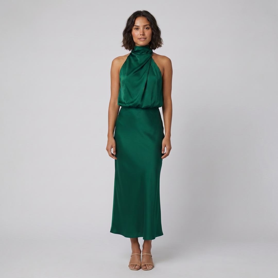 Ivy satin halter gown green