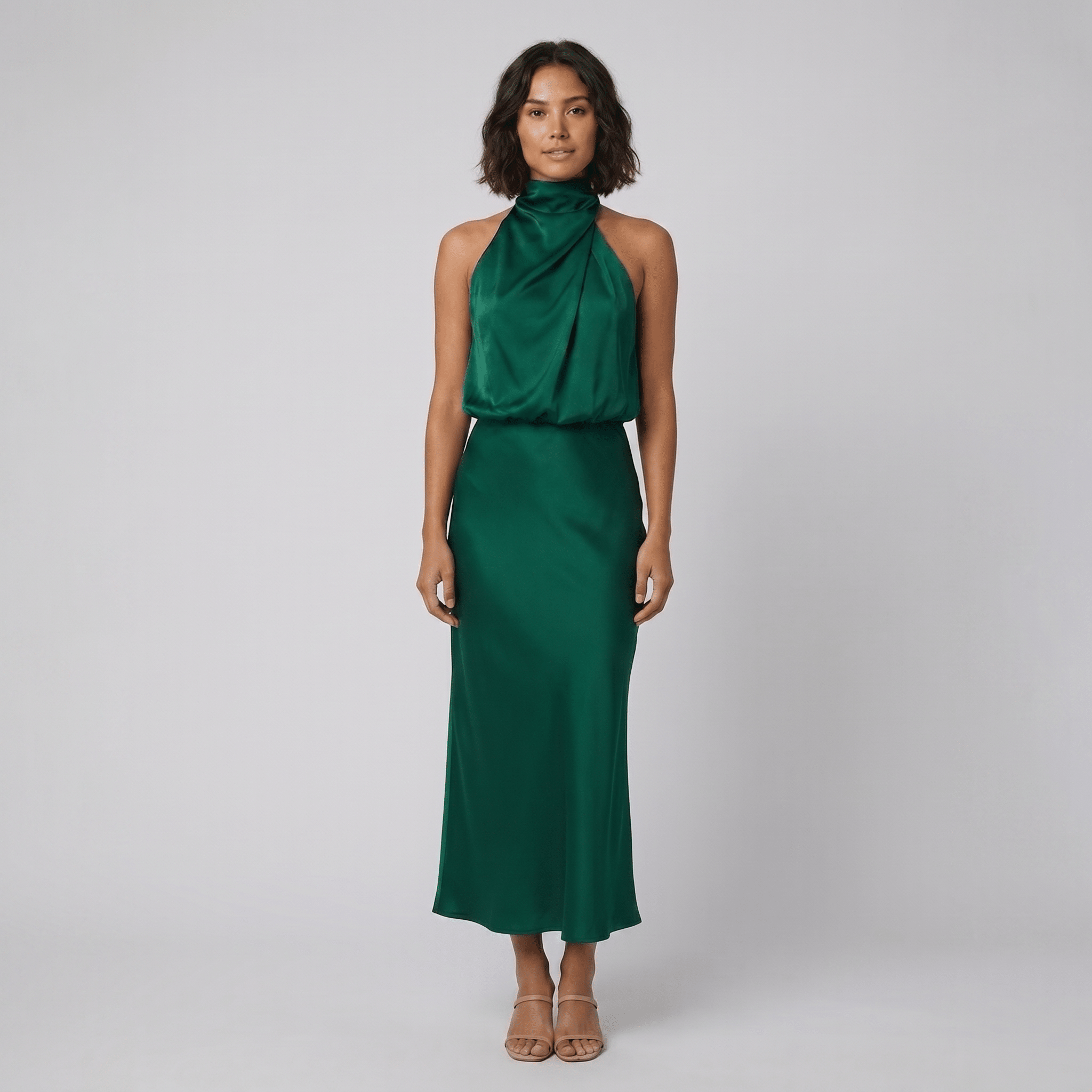 Ivy satin halter gown green