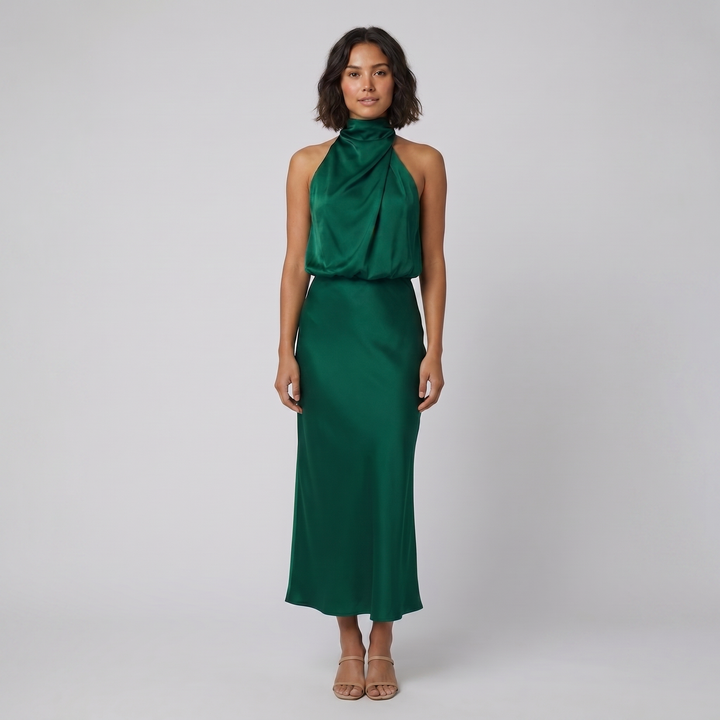Ivy satin halter gown green