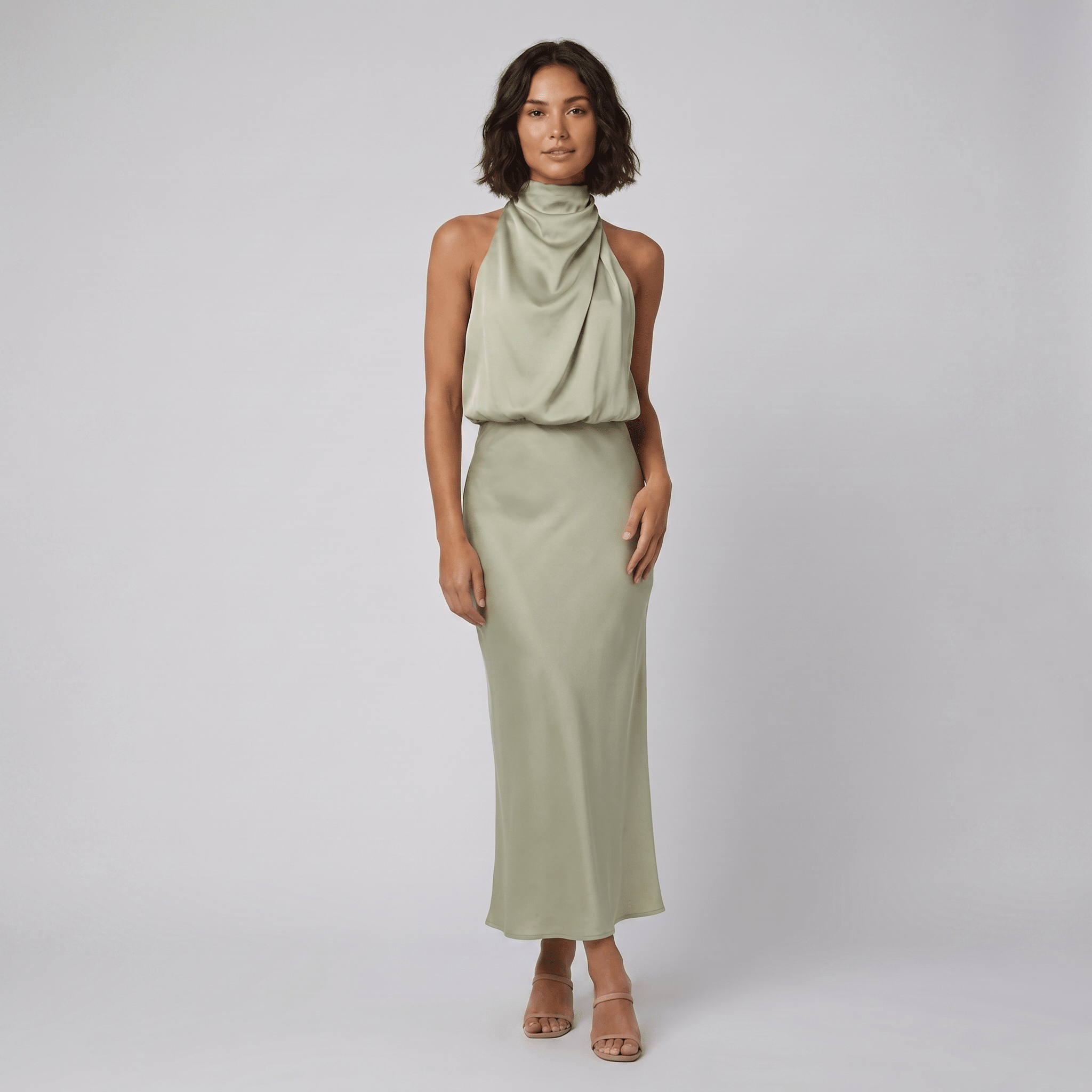 Ivy satin halter gown light green