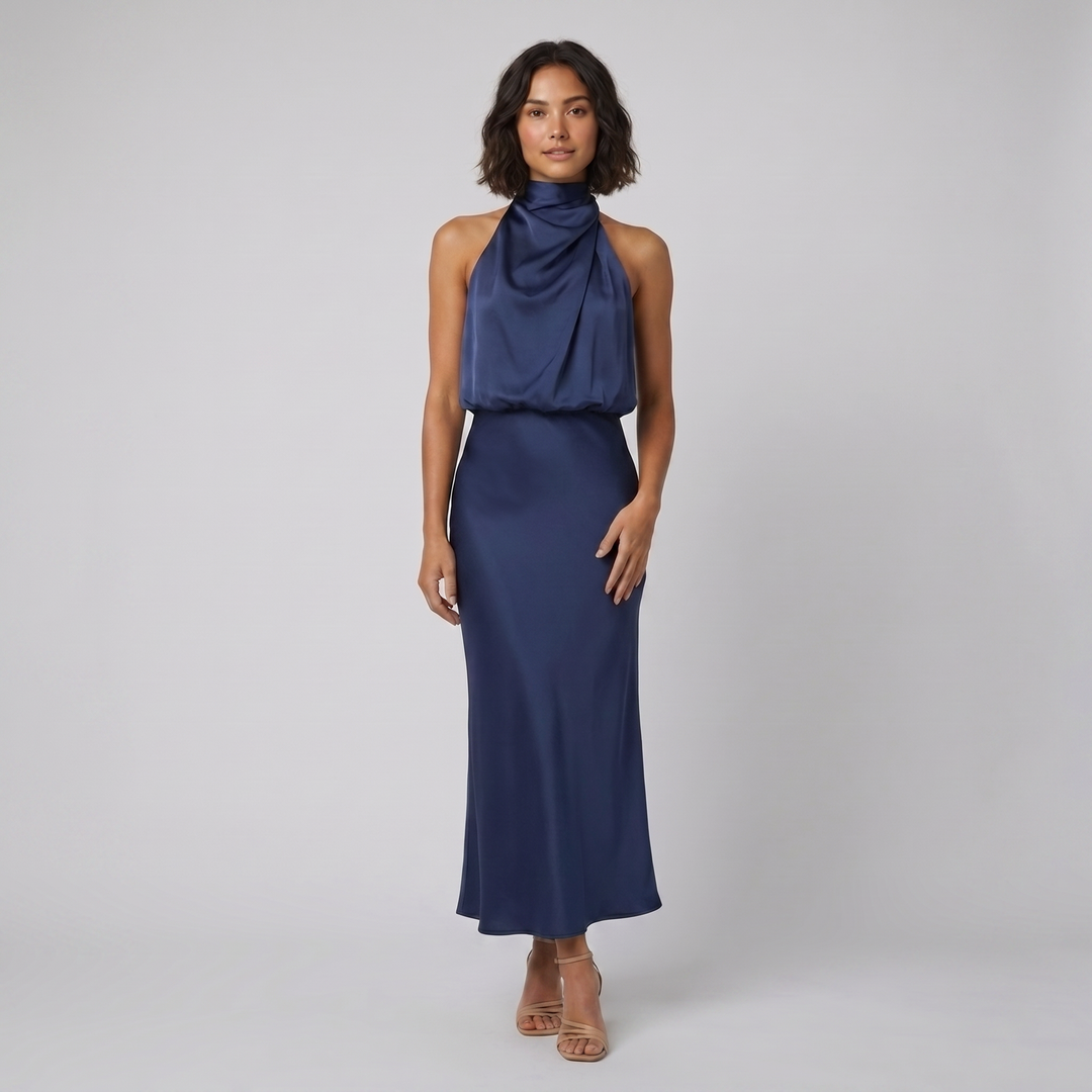 Ivy satin halter gown navy blue