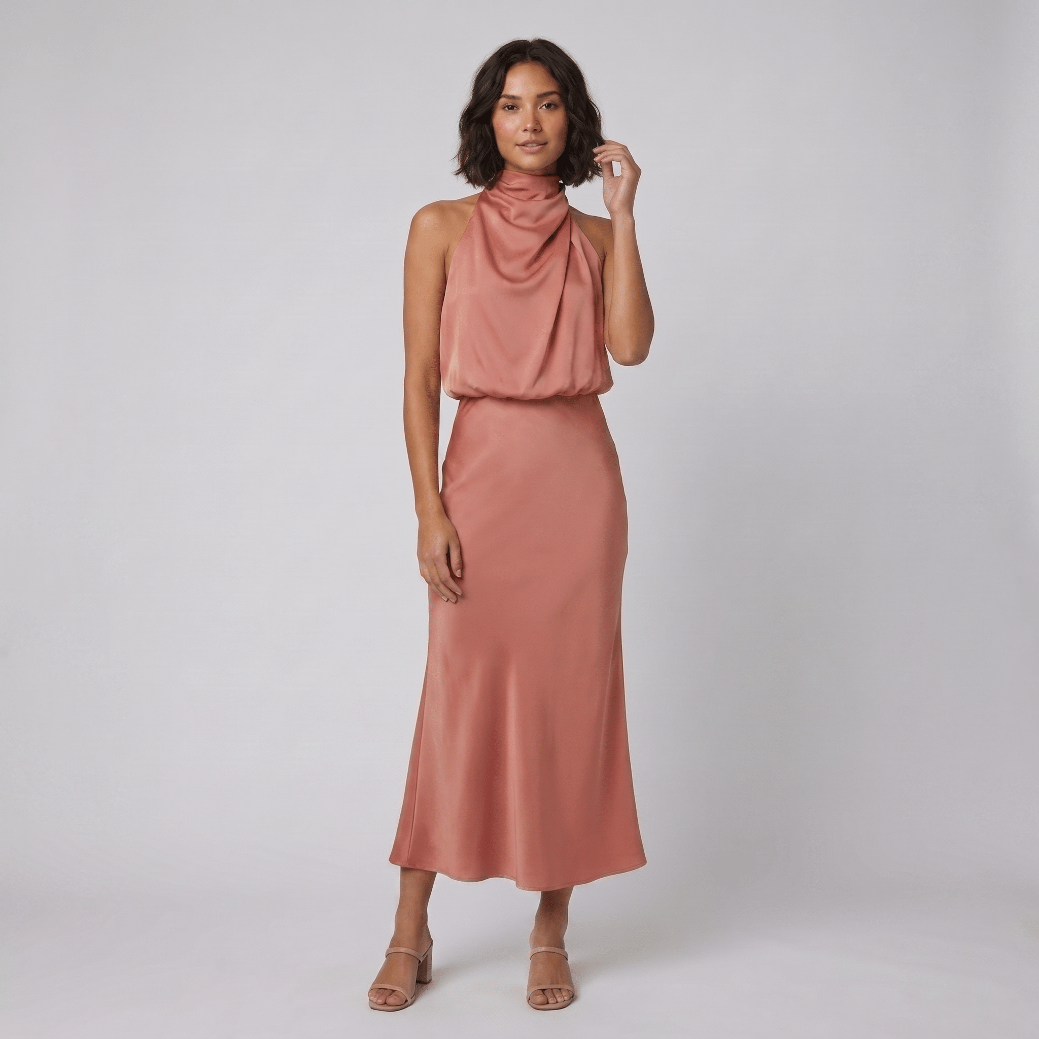 Ivy satin halter gown salmon