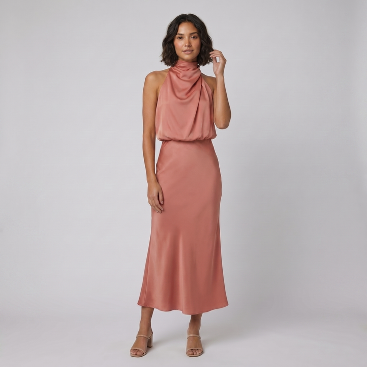Ivy satin halter gown salmon