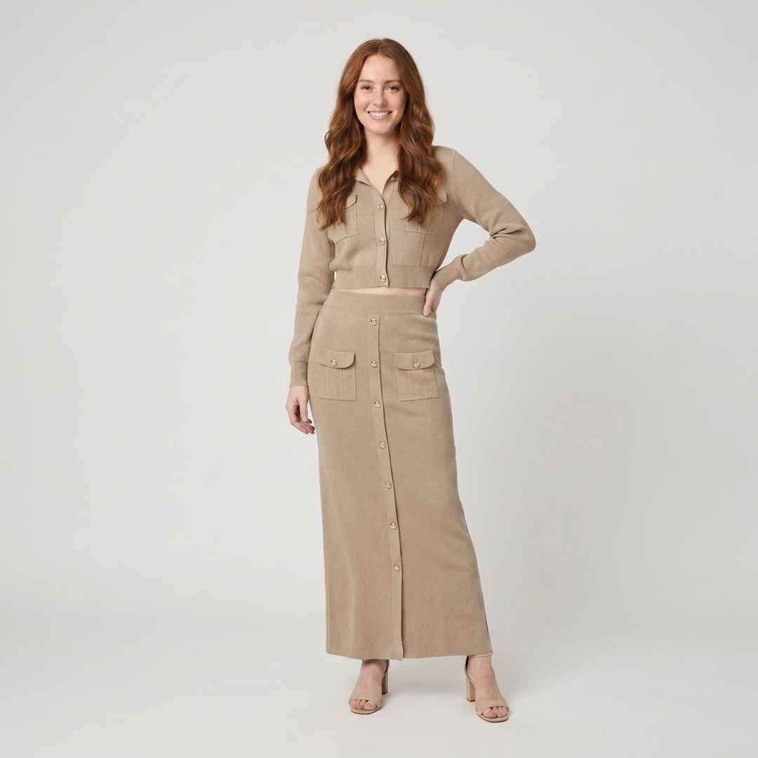 Jace beige knit button top and maxi skirt set