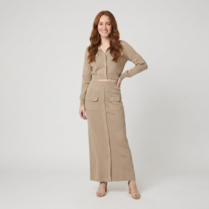 Jace beige knit button top and maxi skirt set