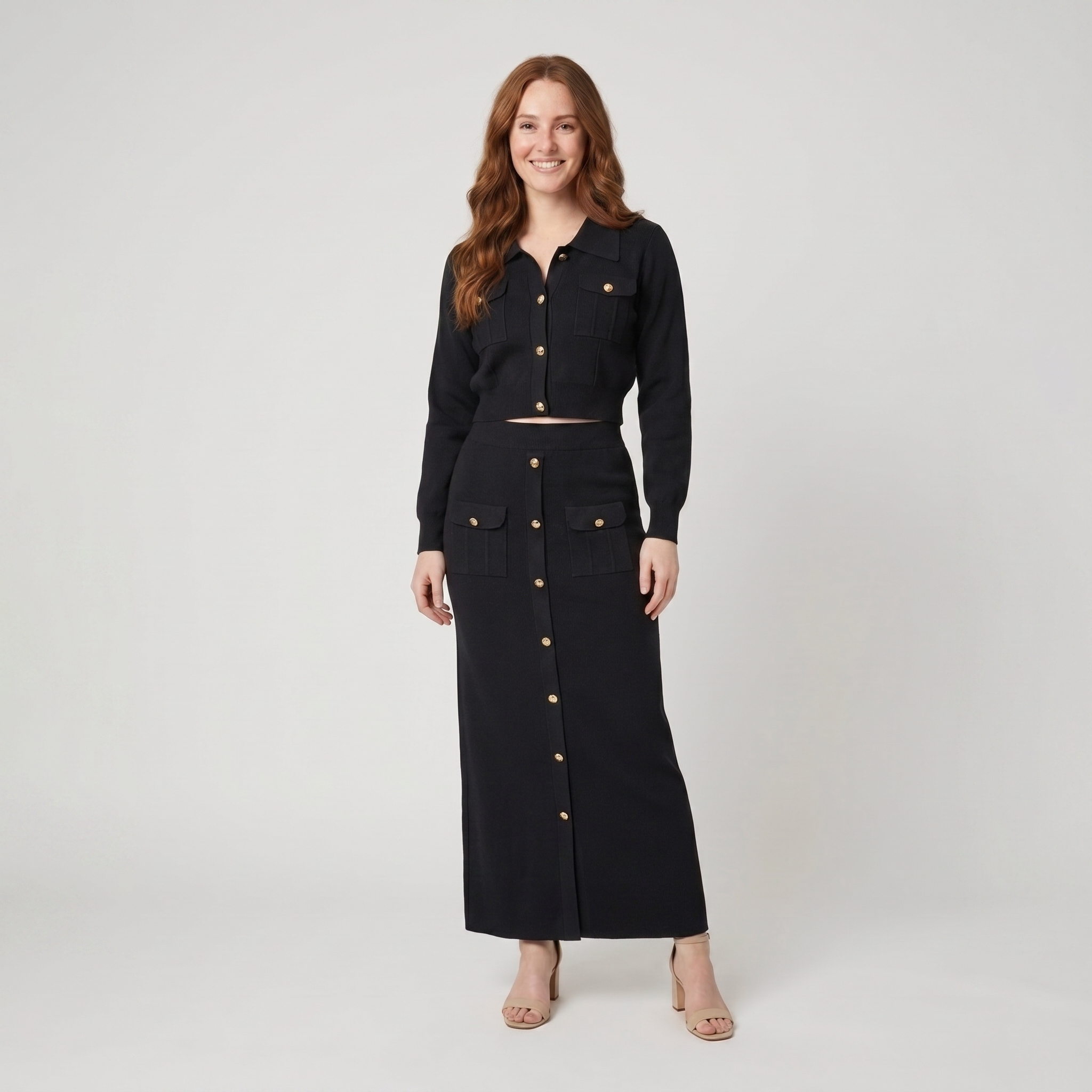 Jace black knit button top and maxi skirt set