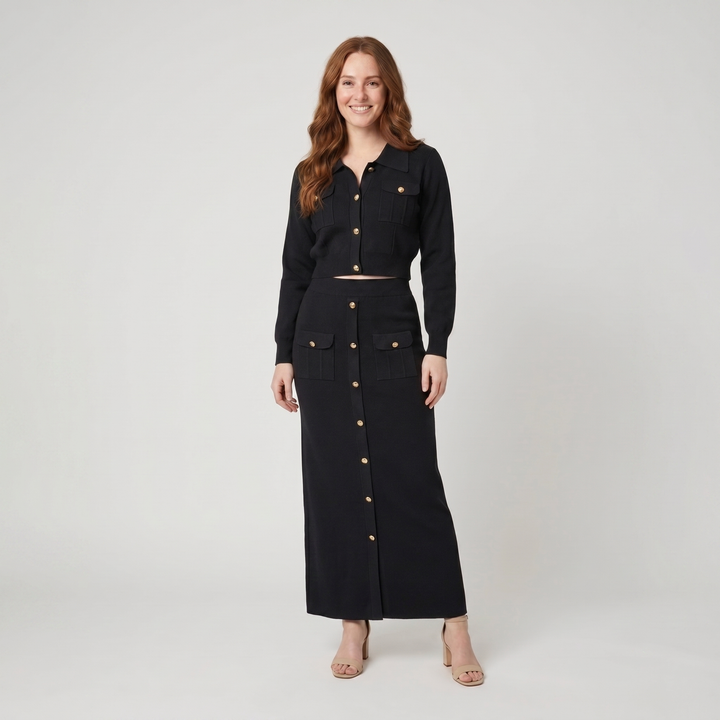 Jace black knit button top and maxi skirt set