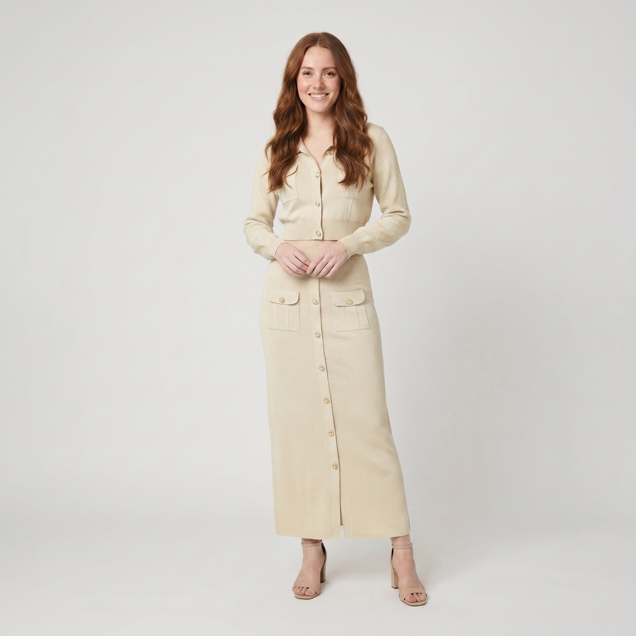 Jace cream knit button top and maxi skirt set