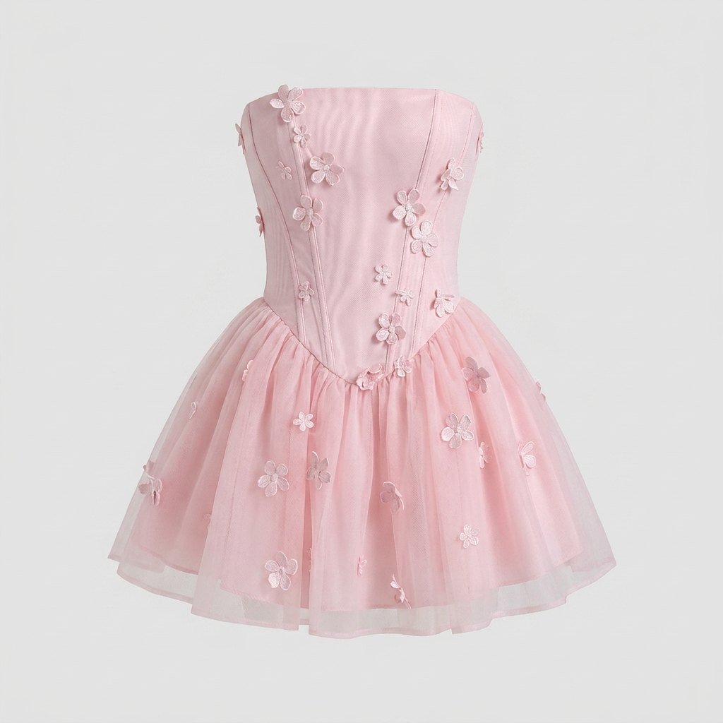 Jasmine pink corset tulle mini dress flat lay