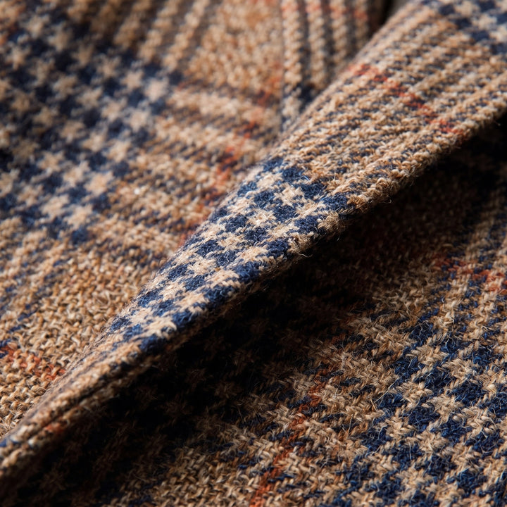 Close-up of the brown plaid wool blend fabric - The store Vancouver