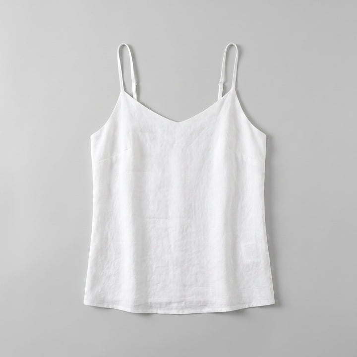 Jess V-neck linen camisole top in white, product flat-lay