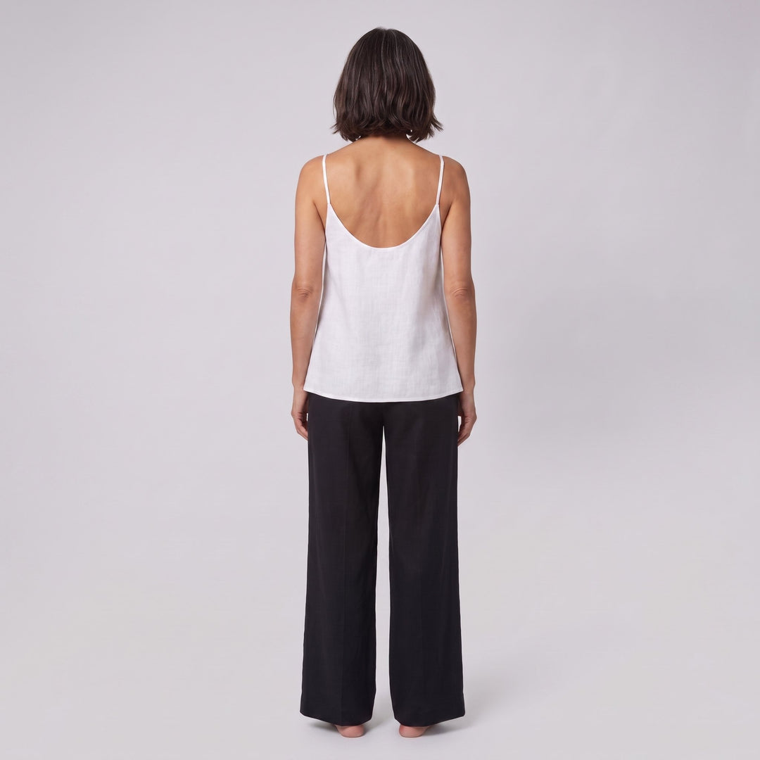 Jess V-neck linen camisole top in white, scooped back view on model