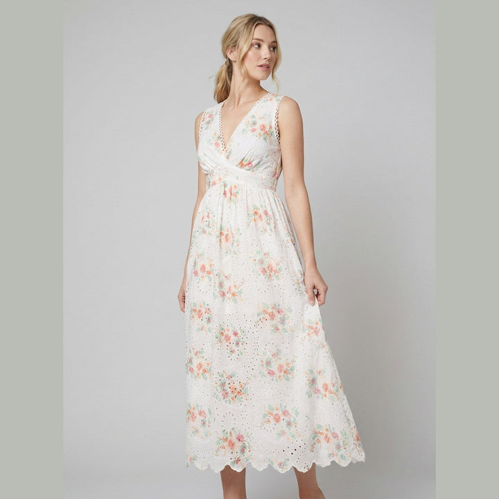 Josephine eyelet floral maxi dress side on model