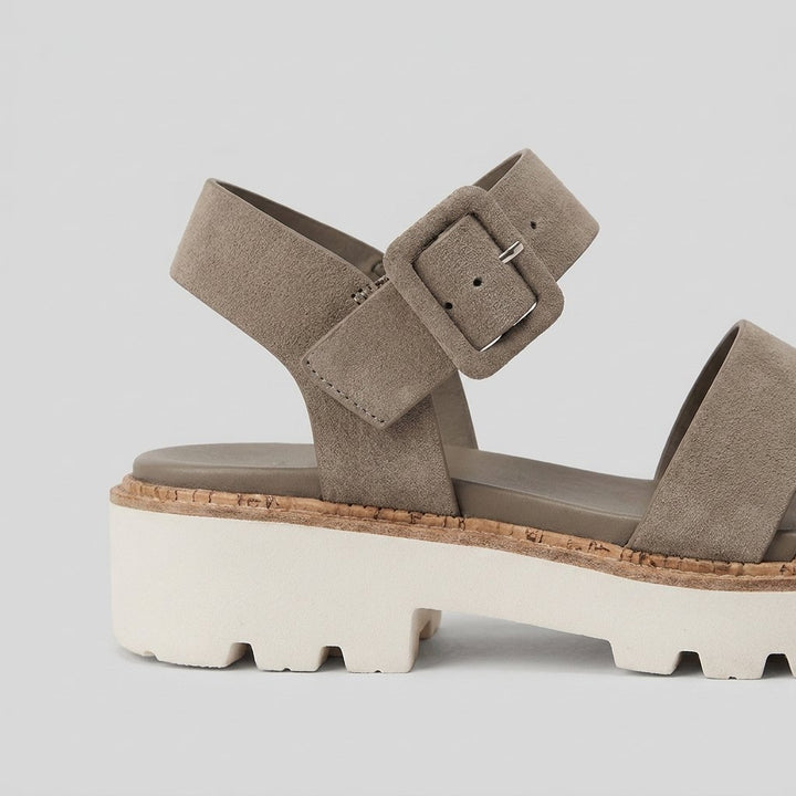 Jovial taupe suede sandal buckle detail