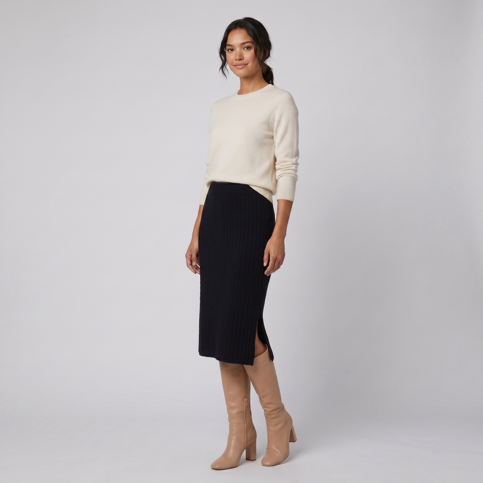 Juliette black merino knit pencil skirt on model