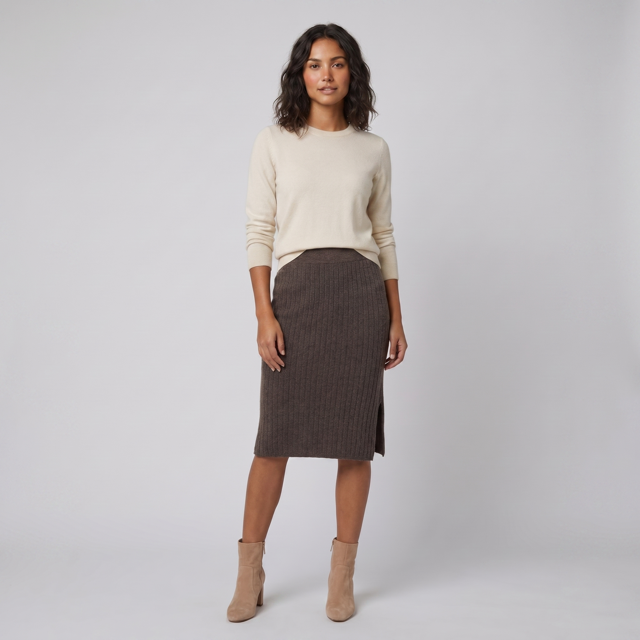 Juliette brown merino knit pencil skirt on model