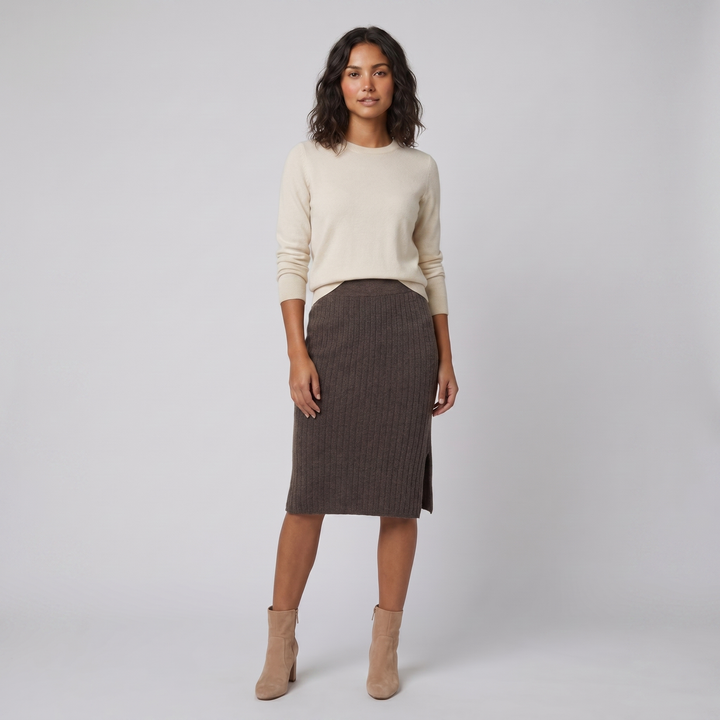 Juliette brown merino knit pencil skirt on model