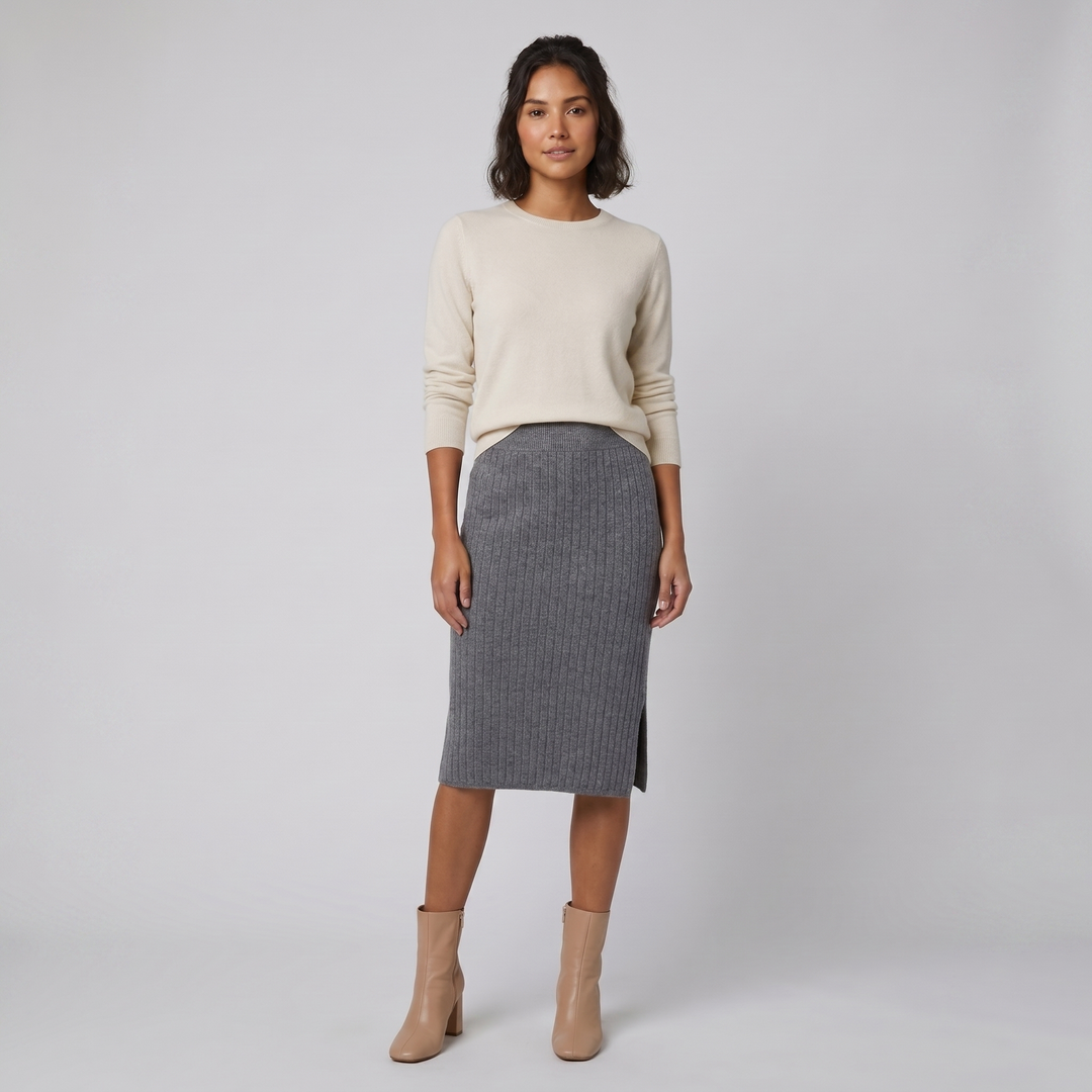 Juliette gray merino knit pencil skirt on model