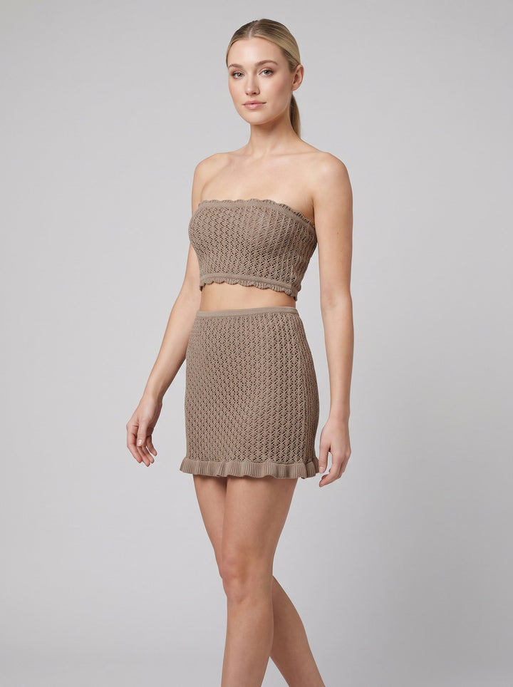 Kaia Beach Knit Set in khaki - crochet knit bandeau top and mini skirt, front view