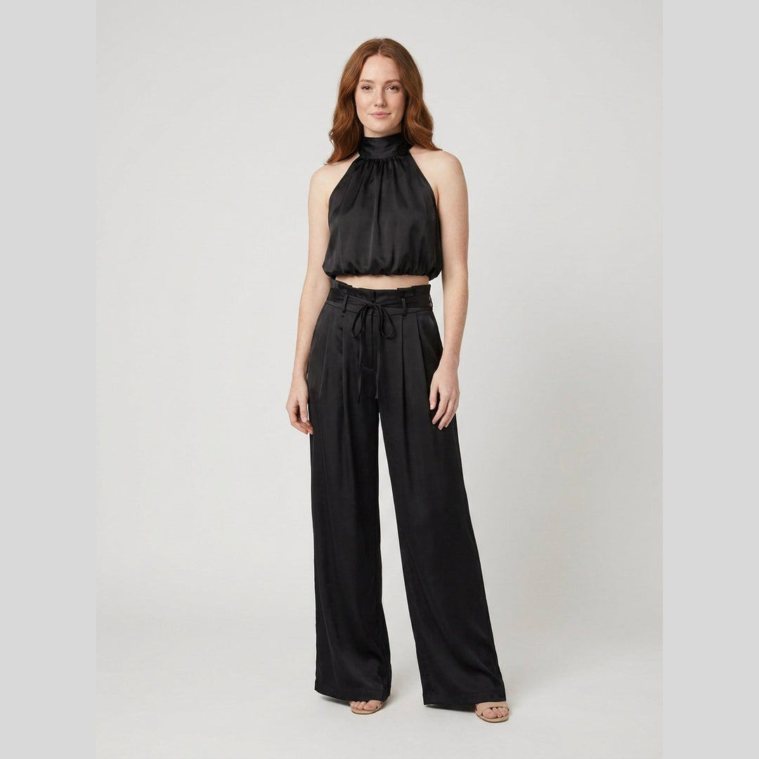 Kara women's satin halter crop top and wide-leg trousers set in black