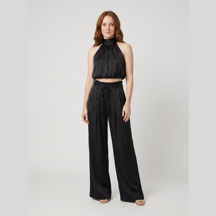 Kara women's satin halter crop top and wide-leg trousers set in black