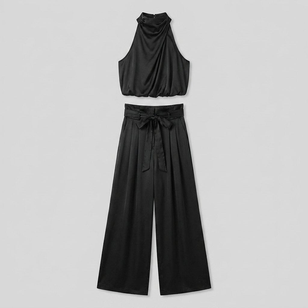 Kara women's satin set black flat-lay