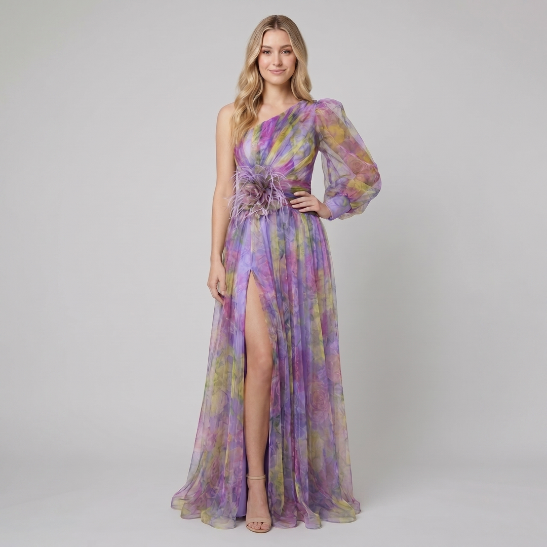 Karla purple floral one-shoulder maxi gown on model